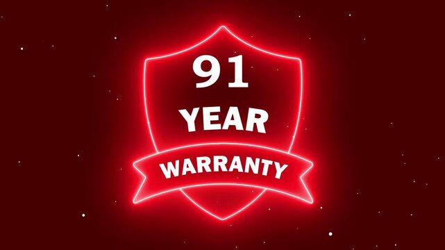 91 year quality assurance neon icon. glowing ninety one year guarantee sign. red neon 91 year warranty shield badge. red glowing certificate of extended warranty.