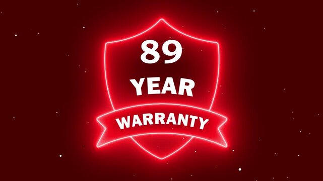 Glowing Protection Shield. Neon 89 year warranty with shield icon animation on red background. Business product quality concept. 89 years warranty label badge design animation.