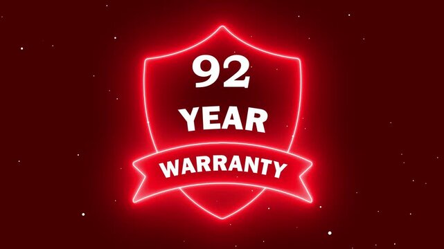 Bright Warranty Label Vector. Neon 92 year warranty with shield icon animation on red background. Business product quality concept. 92 years warranty label badge design animation.