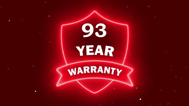 Neon Banner with Warranty Information. Neon 93 year warranty with shield icon animation on red background. Business product quality concept. 93 years warranty label badge design animation.