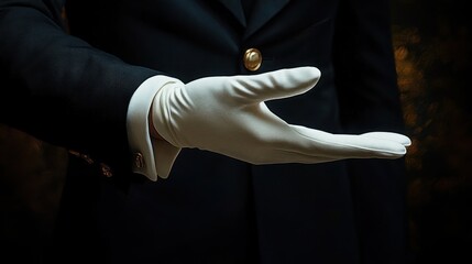 Hand in white glove extended from a person wearing a formal dark suit with gold buttons, suggesting invitation or service in an elegant setting