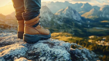 Close-up of hiking boots on rocky mountain ledge overlooking sunlit mountainous landscape at golden hour