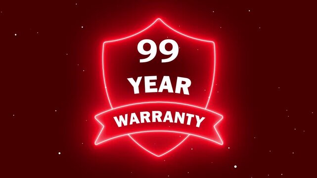 digital marketing badge for extended warranty. red light protection shield with warranty text. 99 year quality assurance neon icon. product reliability and trust graphic.