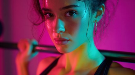 Fitness Model in Neon Lighting with Barbell, Intense Expression and Shiny Skin, Gym Aesthetic
