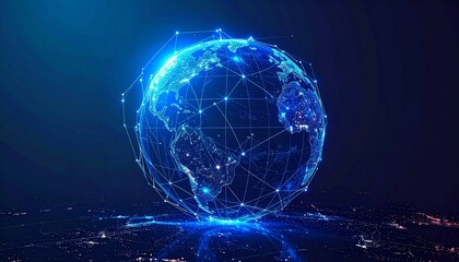 Digital representation of Earth connected by glowing lines in a futuristic network design at night
