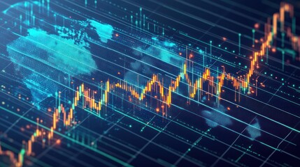 Digital world map overlaid with a dynamic financial stock market chart showing fluctuating orange candlestick graphs on a dark grid background representing global economic data analysis