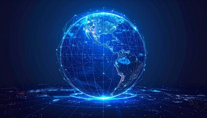 Digital representation of Earth connected by glowing lines in a futuristic network design at night