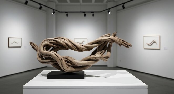 Driftwood sculpture on a white plinth in an art gallery with framed art on the wall under track lighting