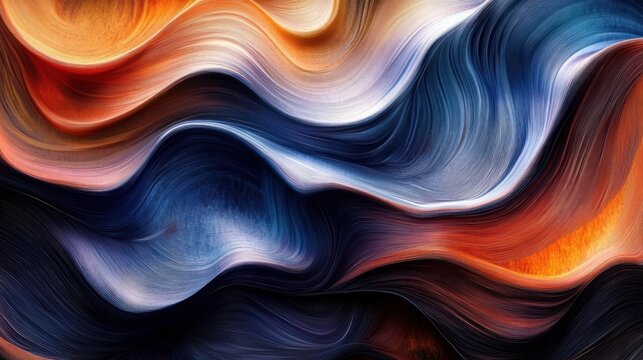 Abstract flowing waves in vibrant hues of orange, blue, black, and white create a smooth textured dynamic composition conveying movement and energy