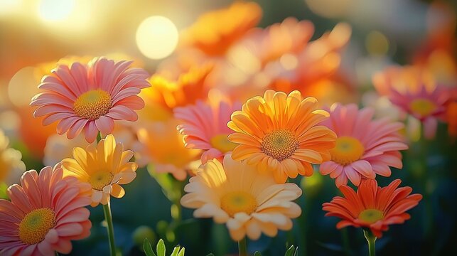 Colorful vibrant daisies blooming in sunlight creating a warm and cheerful atmosphere in a garden