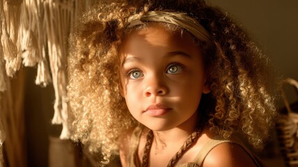 Innocent Child with Curly Hair Gazing Thoughtfully in Soft Natural Light with Warm Tones Creating a Dreamy Atmosphere
