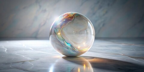A translucent sphere rests on a smooth surface, its interior swirling with iridescent colors, reflecting ambient light and casting a soft shadow.