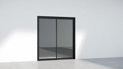 Contemporary minimalist house facade with elegant glass entrance, showcasing modern architectural design, clean lines, symmetry, natural sunlight, and luxurious residential exterior ideal for branding