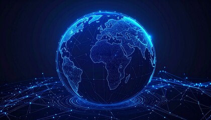 Digital representation of Earth connected by glowing lines in a futuristic network design at night