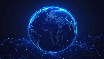 Digital representation of Earth connected by glowing lines in a futuristic network design at night