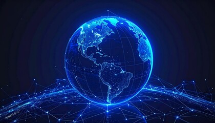 Digital representation of Earth connected by glowing lines in a futuristic network design at night