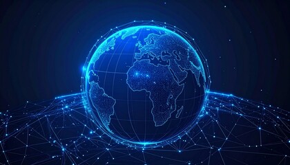 Digital representation of Earth connected by glowing lines in a futuristic network design at night
