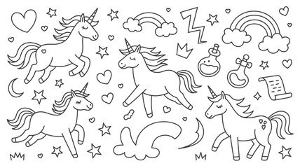 Obraz premium Enchanting unicorn doodles seamless pattern, perfect for magical designs, fantasy themes, and children's illustrations for whimsical projects and creative crafts