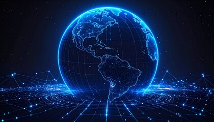Digital representation of Earth connected by glowing lines in a futuristic network design at night
