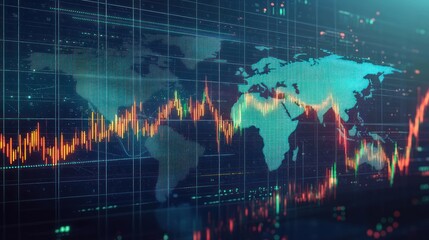 Digital world map with fluctuating financial graph lines indicating global market trends and data analysis
