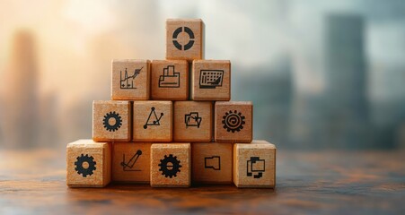 Stack of wooden blocks with various business and technology icons arranged in a pyramid on a wooden surface with blurred cityscape background conveying organization and productivity