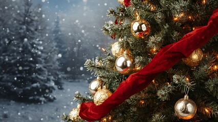 Elegant Christmas tree adorned with ornaments and a red ribbon in winter scenery