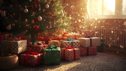 Enchanting Christmas morning scene with gifts under a tree basking 