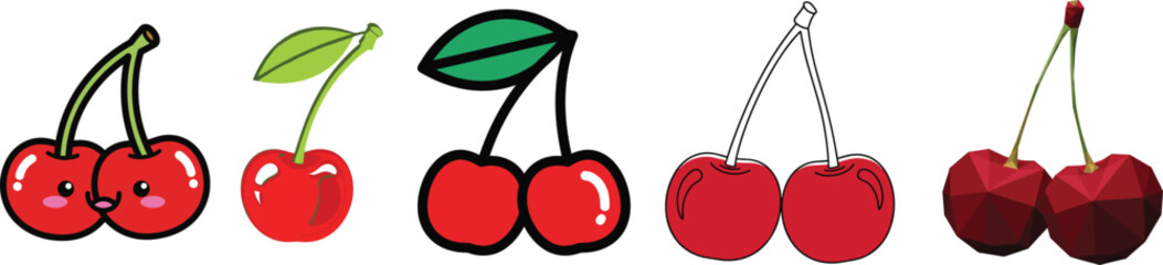 Diverse Cherry Fruit Vector Set: Cute Cartoon, Outline, and Low Poly Styles