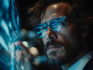 Serious businessman with eyeglasses analyzes data displayed on a futuristic transparent screen interface.