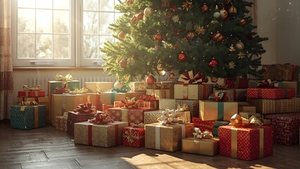 Festive holiday ambiance with adorned christmas tree and numerous wrapped