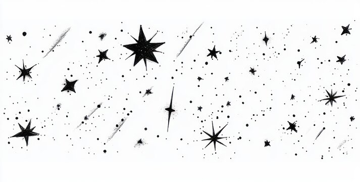 Black and white illustration of various sizes of stars and dots scattered across a white background conveying a cosmic or celestial theme