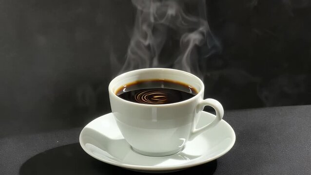 rising from a dark roasted beverage contained within a white porcelain vessel positioned against a solid black