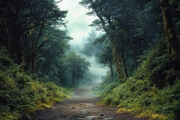 Fototapeta premium Misty forest path surrounded by dense green trees and lush undergrowth creating an atmospheric and serene nature scene