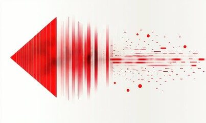 Abstract design featuring a large red triangular shape with vertical lines transitioning into scattered dots and horizontal streaks against a white background