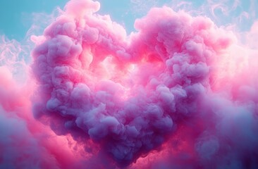 Fototapeta premium Fluffy pink smoke forming a heart shape floating in a blue sky with a soft glowing light inside the heart, evoking warmth and love