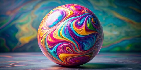 A vibrant, multicolored orb rests on a dark surface against a swirling backdrop, showcasing intricate patterns and a captivating blend of colors.