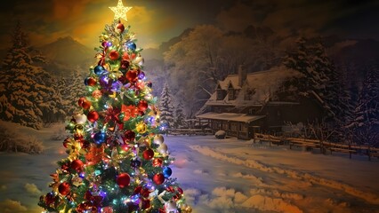 Christmas tree in winter cabin snowy landscape shining with ornaments and lights