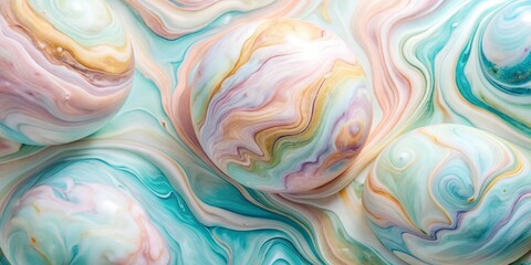 Abstract Swirling Spheres in Pastel Hues Resting on a Fluid Marbled Surface