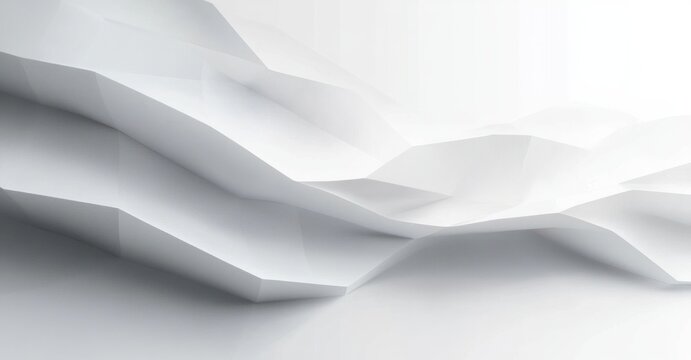 Abstract white geometric shapes and planes creating a layered, smooth and angular low-poly surface with soft shadows and gradients