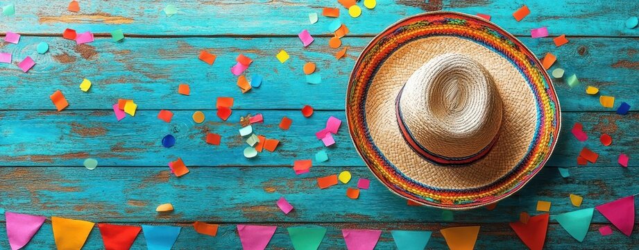 Colorful festive arrangement with multicolored confetti scattered on a bright turquoise wooden surface, a vibrant woven straw hat, and a string of colorful triangular flags