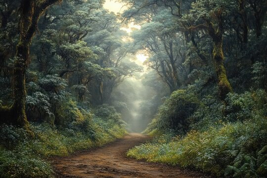 Misty forest path surrounded by dense green foliage and tall trees creating a serene and mysterious atmosphere