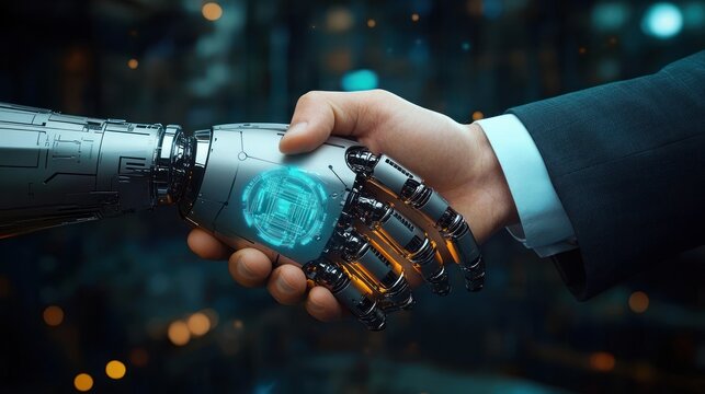 Human hand in business suit shaking robotic metal hand with digital interface glowing on robot palm symbolizing collaboration between humans and technology