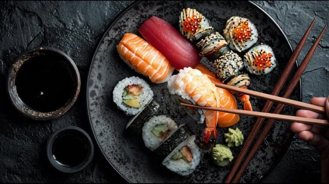 Luxurious Japanese Sushi Platter: Nigiri and Maki Rolls with Soy Sauce and Wasabi on a Dark Textured Background.