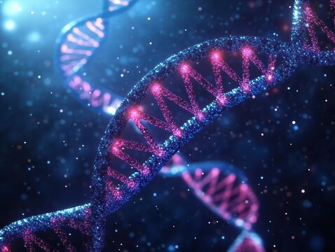 Close-up 3D illustration of glowing digital DNA strands with a sparkling blue and purple color scheme, representing genetics and molecular biology