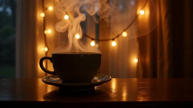 Cozy morning ritual with steaming coffee, the warm glow of string lights creates a relaxing and inviting atmosphere perfect for a calming start