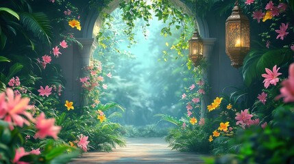 Serene garden path framed by stone arch with hanging lanterns surrounded by lush green foliage and colorful pink and yellow flowers in soft natural light