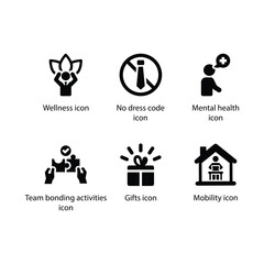 Wellness, No dress code, Mental health, Team bonding activities, Gifts, Mobility, icon