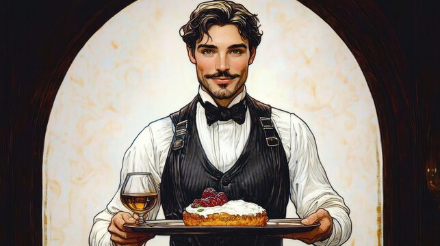 Smiling waiter dressed in formal vest and bow tie presenting a dessert topped with berries and holding a glass of amber drink against an ornate light background