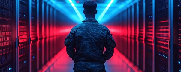 Person in military uniform standing in the center of a futuristic server room illuminated with blue and red lighting with hands on hips