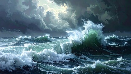 Ocean waves surge under dark, stormy clouds with a distant lightning flash